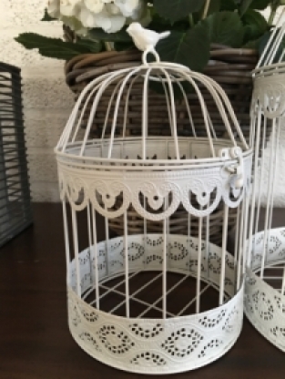 Birdcages set, small + large round, metal, white.